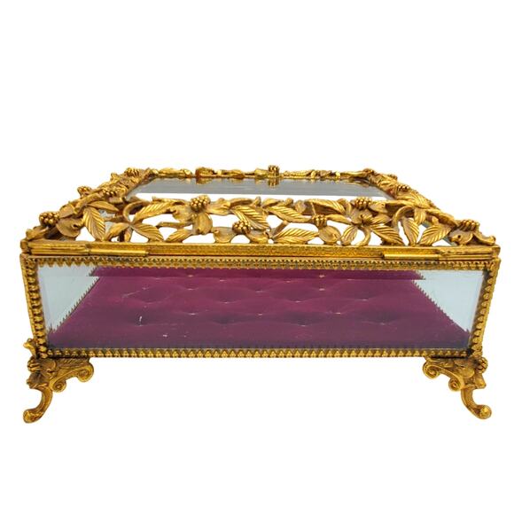 Matson Ormolu Jewelry Casket Box Dresser Vanity Case Gilt Metal Footed Burgundy - Picture 12 of 16